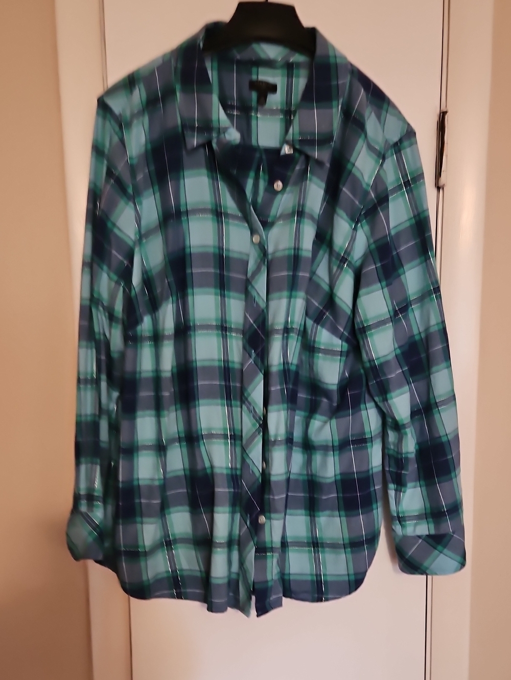 Talbots Blue and Green Plaid Button-Down Shirt With Silver Thread